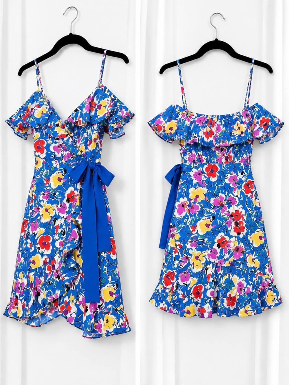Topshop Petite Floral Blue Wrap Dress with Multicolor Blooms